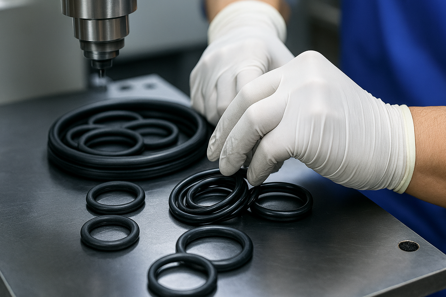 worker assembling black rubber O-rings on metal table