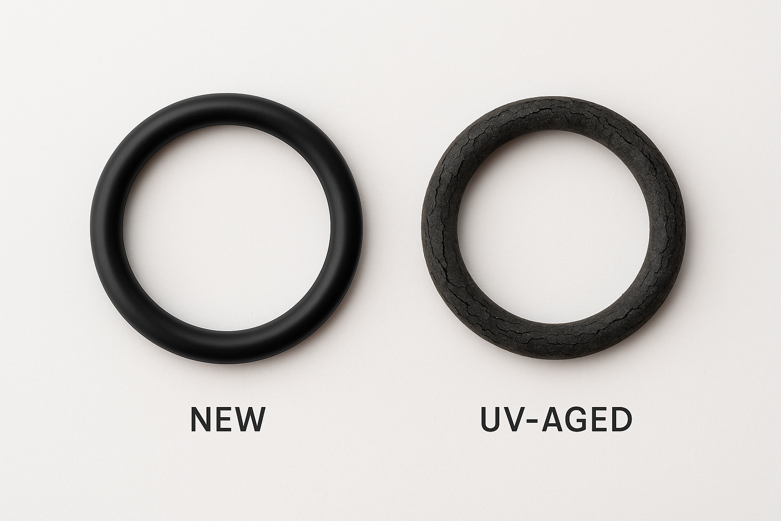 Comparison of new and weathered rubber O-rings showing UV degradation