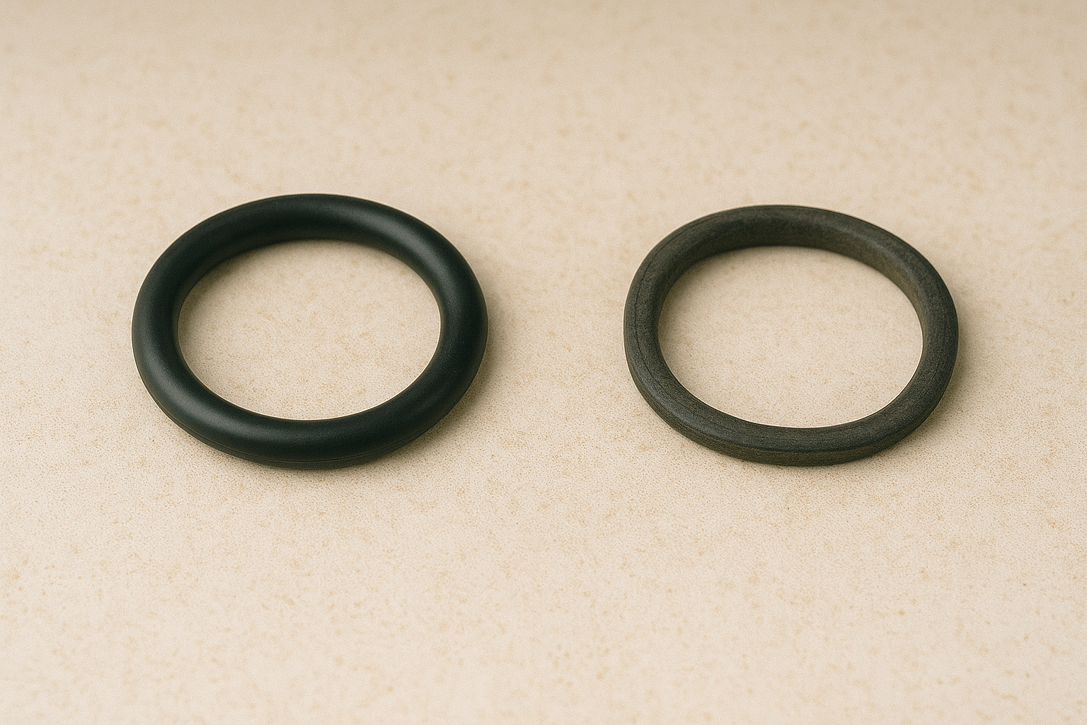 Side-by-side image: a new O-ring vs. a flattened O-ring that lost elasticity